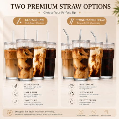 4 Pack 20oz Ribbed Glass Iced Coffee Cups with Lids & Straws - Clear
