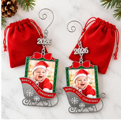 Baby's 1st Christmas Photo Ornament Set of 2 - 2026 Keepsake Sleigh Decorations with Personalizable Photo Slots