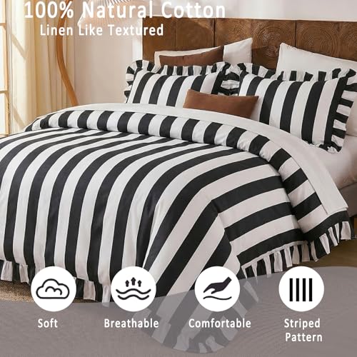 King Size Cotton Comforter Set Black & White Wide Stripes Ruffled Edges - All Seasons