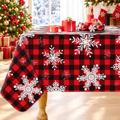Smiry Black & Red Christmas Rectangle Table Cloth 60"x84" Waterproof Vinyl with Flannel Backing