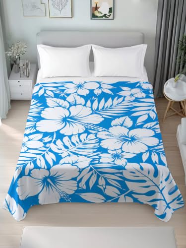 King Flat Sheet Hibiscus Flowers Blue Tropical Monstera Leaves Microfiber Bedding