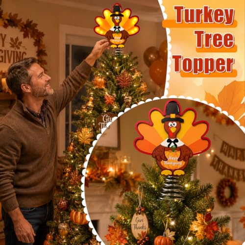 10 Inch LED Thanksgiving Turkey Tree Topper with Pumpkin Design