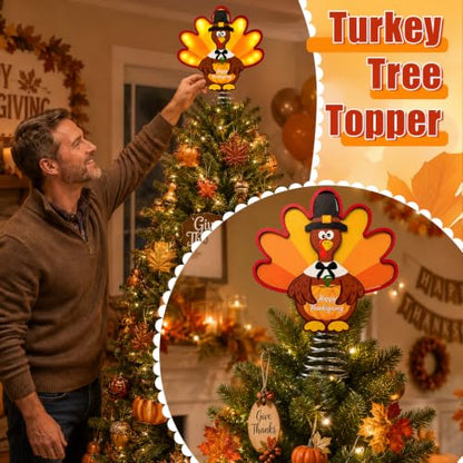 10 Inch LED Thanksgiving Turkey Tree Topper with Pumpkin Design