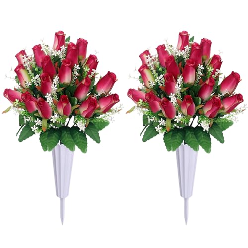 Artificial Cemetery Flowers for Grave Rose Pink 2-Pack with Vases - Memorial Flowers for Tombstone Decoration