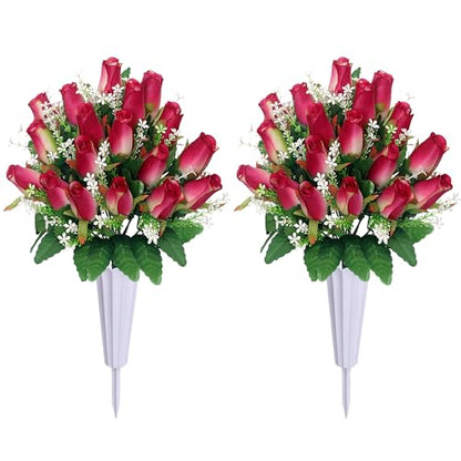 Artificial Cemetery Flowers for Grave Rose Pink 2-Pack with Vases - Memorial Flowers for Tombstone Decoration
