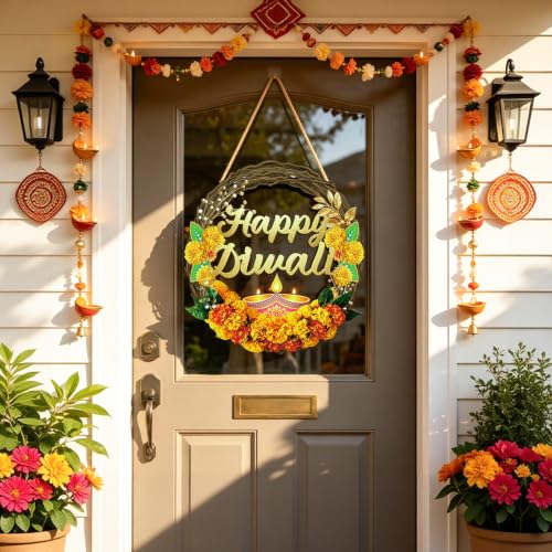 Diwali Wreath - Wooden Happy Diwali Decoration for Front Door & Wall, 13x11.4 Inches