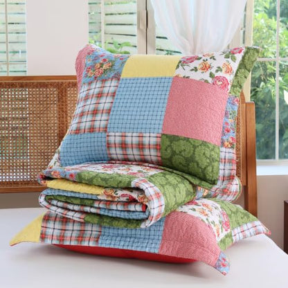Queen Size Floral Patchwork Cotton Quilt Set with Pillow Shams - Red Yellow