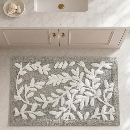 Gray Tufted Cotton Bath Rug 21 x 34 Inch with Leaf Pattern and Non-Slip Backing - Madison Park Serene Collection