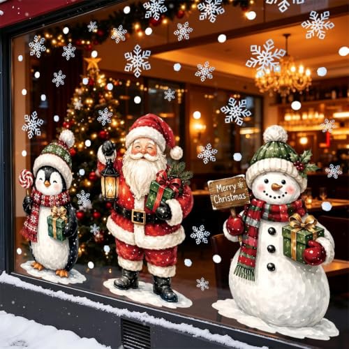 3pcs Christmas Snowman Window Clings - Large Winter Holiday Decor with Santa Penguin Snowflakes - Variation 1283