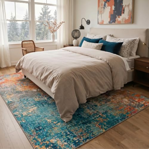Washable Abstract Runner Rug 2x5 ft Non-Slip Entryway Carpet - Aqua Saffron