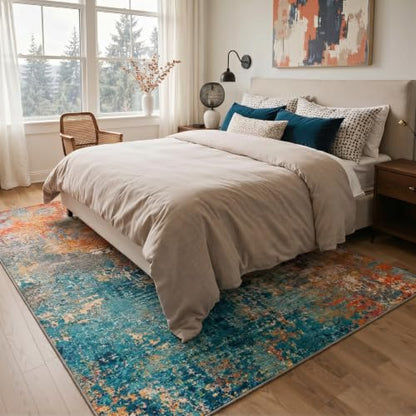 Washable Abstract Runner Rug 2x5 ft Non-Slip Entryway Carpet - Aqua Saffron