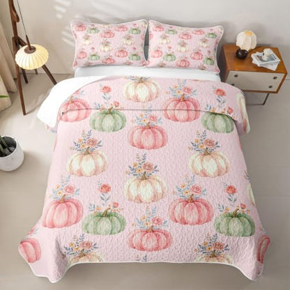Pink Autumn Pumpkin Quilted Bedspread Full Size - Rose Floral 3-Piece Bedding Set