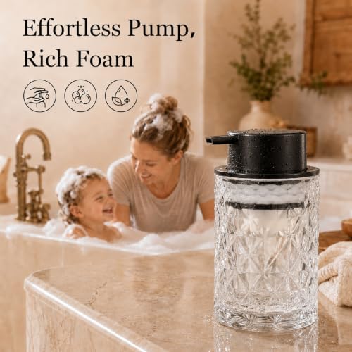 Black Diamond Glass Foaming Soap Dispenser - Clear Refillable Pump Bottle