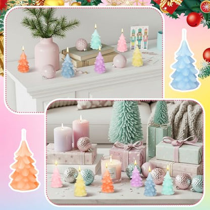Pastel Christmas Tree Candles Set - 6 Mini Holiday Decor - Tree / Pastel / 6