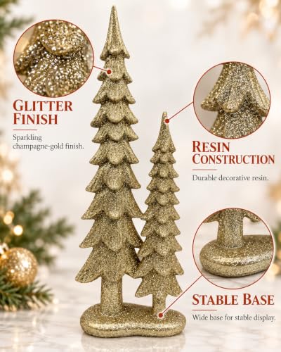 Set of 2 Gold Resin Christmas Tree Decorations - 12.75 Inch Holiday Figurines
