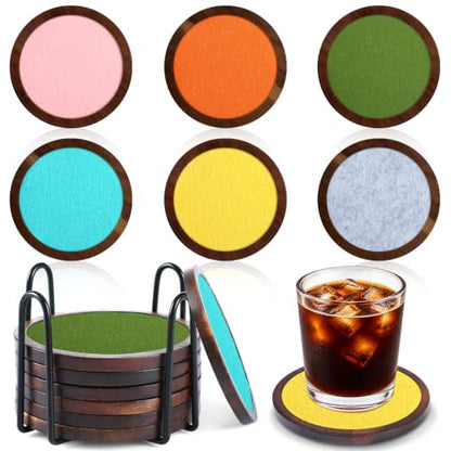 Mid Century Modern Wooden Coaster Set with Colorful Felt Inserts - 6 Pieces