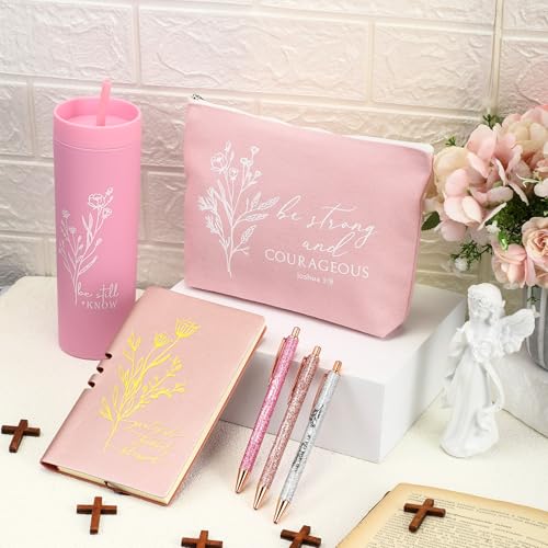 Pink Christian Gift Set for Women - Tumbler, Notebook, Pens & Makeup Bag