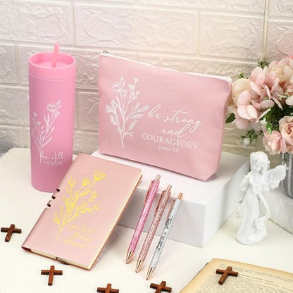 Pink Christian Gift Set for Women - Tumbler, Notebook, Pens & Makeup Bag