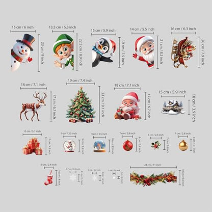 Christmas Window Clings Set - Peeking Santa & Snowflakes Reusable Peel & Stick Decorations, 149 Pcs