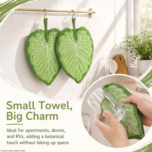 Green Leaf Hand Towels 2 Pack - Microfiber Bathroom & Kitchen Hand Drying