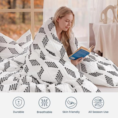 King Duvet Cover Set with Tufted Boho Cotton Blend - Black White Variation