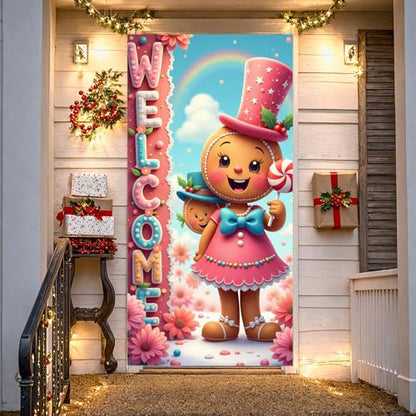 Pink Gingerbread Christmas Door Cover Decorations Welcome Banner Front Door Sign Holiday Outdoor Indoor