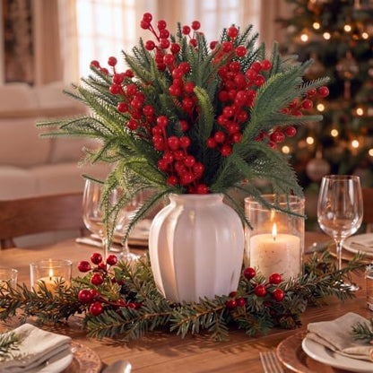 Christmas Table Decorations Set with Pine Picks, Berry Stems & Reindeer Figurine