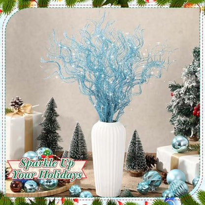 Lyrow Lake Blue Christmas Glitter Curly Branches - 17 Inch Holiday Decor Set