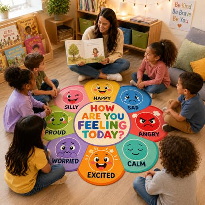 Kids Emotions Classroom Rug - Flower Shape Feelings Chart Floor Mat for Circle Time