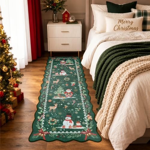 Green Christmas Runner Rug 2x6 Feet Scalloped Holiday Decor Non-Slip