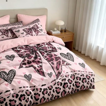 Pink Leopard Queen Duvet Cover Set with Bow & Heart Design - 3 Piece Bedding