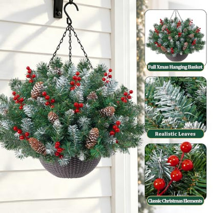 24 Inch Artificial Christmas Hanging Basket with Lights - Outdoor Decor - Variation 1