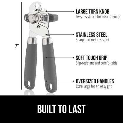 The Original Gorilla Grip Heavy Duty Stainless Steel Smooth Edge Manual Hand Held Can Opener With Soft Touch Handle, Rust Proof Oversized Handheld Easy Turn Knob, Large Lid Openers, Gray