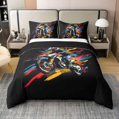 Kids Dirt Bike Duvet Cover Set - Full Size Cotton Racing Motocross Bedding with Zipper Closure - Black Red Variation