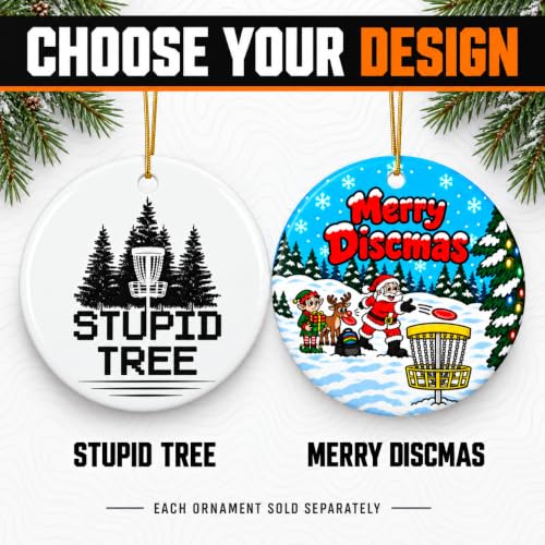 Disc Golf Christmas Ornament Stupid Tree - Funny Holiday Gift for Disc Golfers, 3-Inch Two-Sided Ceramic Decor with Gift Box