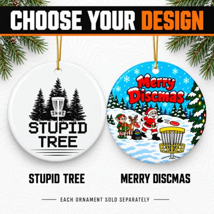 Disc Golf Christmas Ornament Stupid Tree - Funny Holiday Gift for Disc Golfers, 3-Inch Two-Sided Ceramic Decor with Gift Box