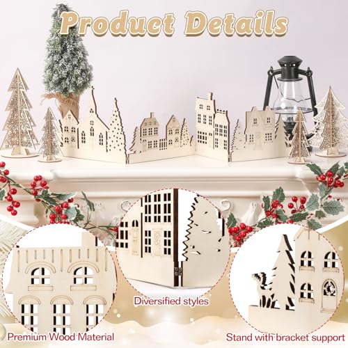 Retro Christmas Wooden Decor Set - 32 Inch Church Tree and House Signs
