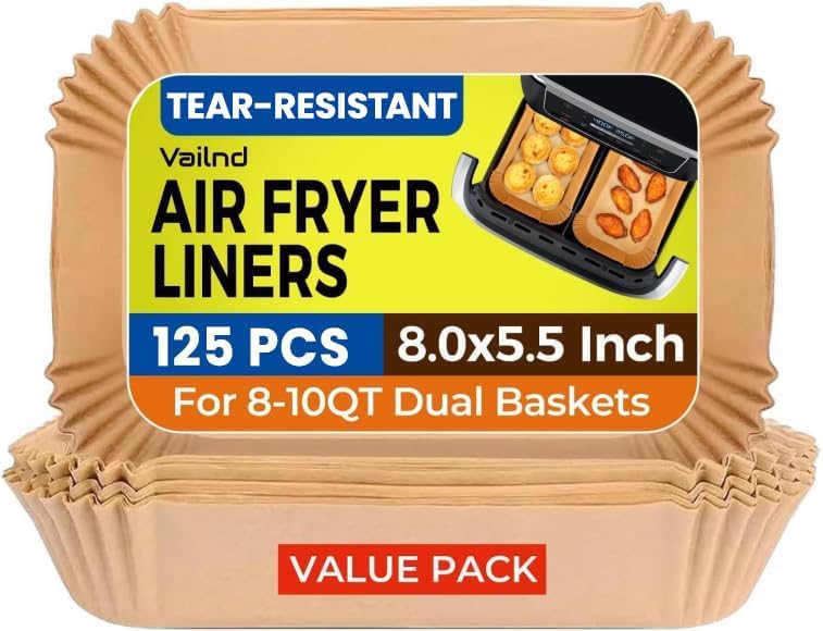 Vailnd Air Fryer Liners - 125 Pcs Disposable Parchment Paper for Ninja & Chefman Dual Basket | 8x5.5 Inch