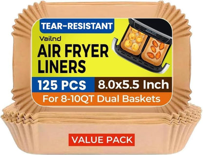 Vailnd Air Fryer Liners - 125 Pcs Disposable Parchment Paper for Ninja & Chefman Dual Basket | 8x5.5 Inch