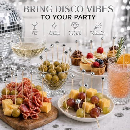 Silver Disco Ball Cocktail Picks - 200 Pack for Drinks, Appetizers & Parties