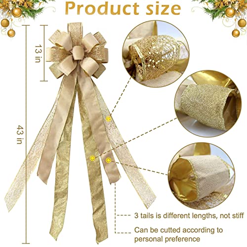 Large Christmas Tree Topper Bow with Glitter Satin Streamers - 43x13 Inches