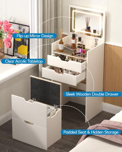 3-in-1 Vanity Desk with LED Flip Mirror, 17.9" W x 13.8" D x 33.9" H - White