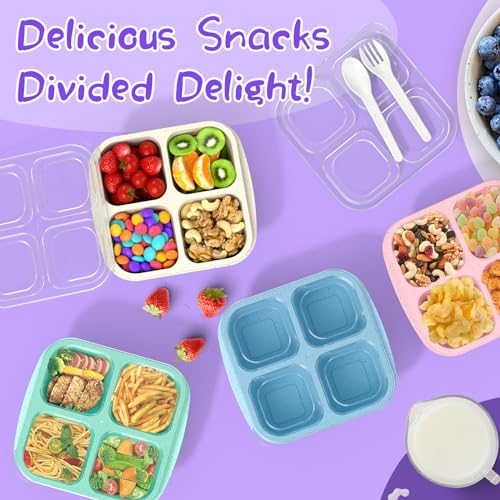 CSQLJ Snack Containers(4 Pack), 4-Compartment Meal Prep Containers Reusable, Snack box Container for Kids and Adults, Food Storage Containers for School, Work, Travel (Green/Blue/Pk/Beige)