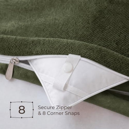 Olive Green Velvet Chenille Duvet Cover Set - Queen with Hidden Zipper & Snaps