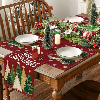 Christmas Placemats Set of 12 - Red Snowflakes & Trees, 12x18 Inches, Seasonal Table Decor