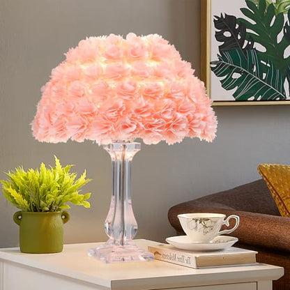 Pink Artificial Flower Bedside Table Lamp with Acrylic Base - Romantic Bedroom Decor
