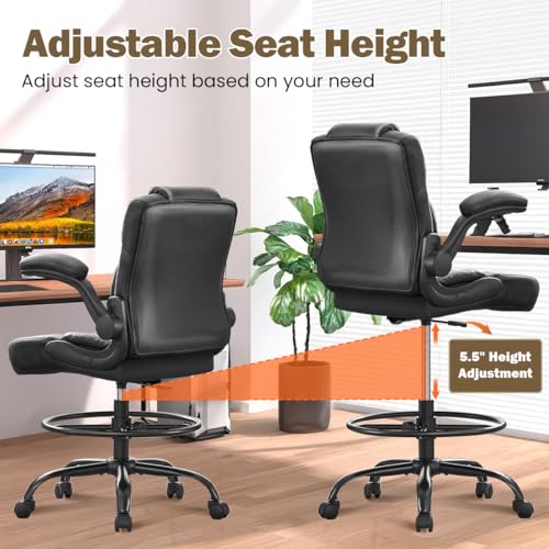 KWKSV Tall Office Drafting Chair with Flip-Up Armrests - Black