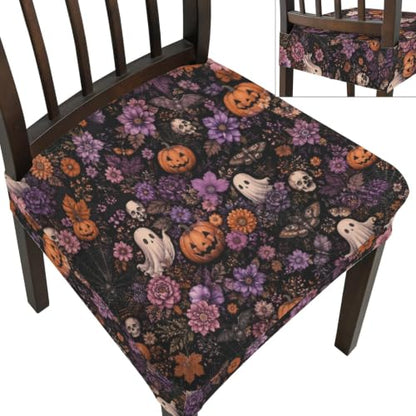 Halloween Chair Cushion Slipcover Set - Floral Ghost Pattern, 6 Pieces