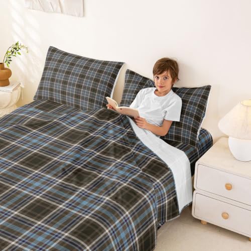 Full Size Vintage Plaid Bed Sheet Set Blue Brown Buffalo Checkered Sheets with Pillowcases