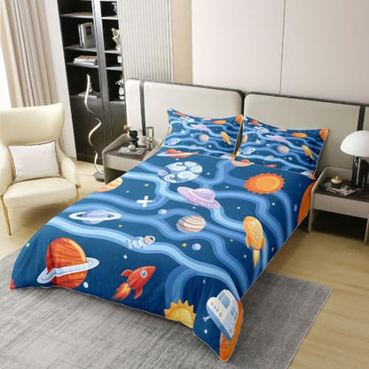 Space Planet Rocket Twin Cotton Duvet Cover Set - Blue Variation